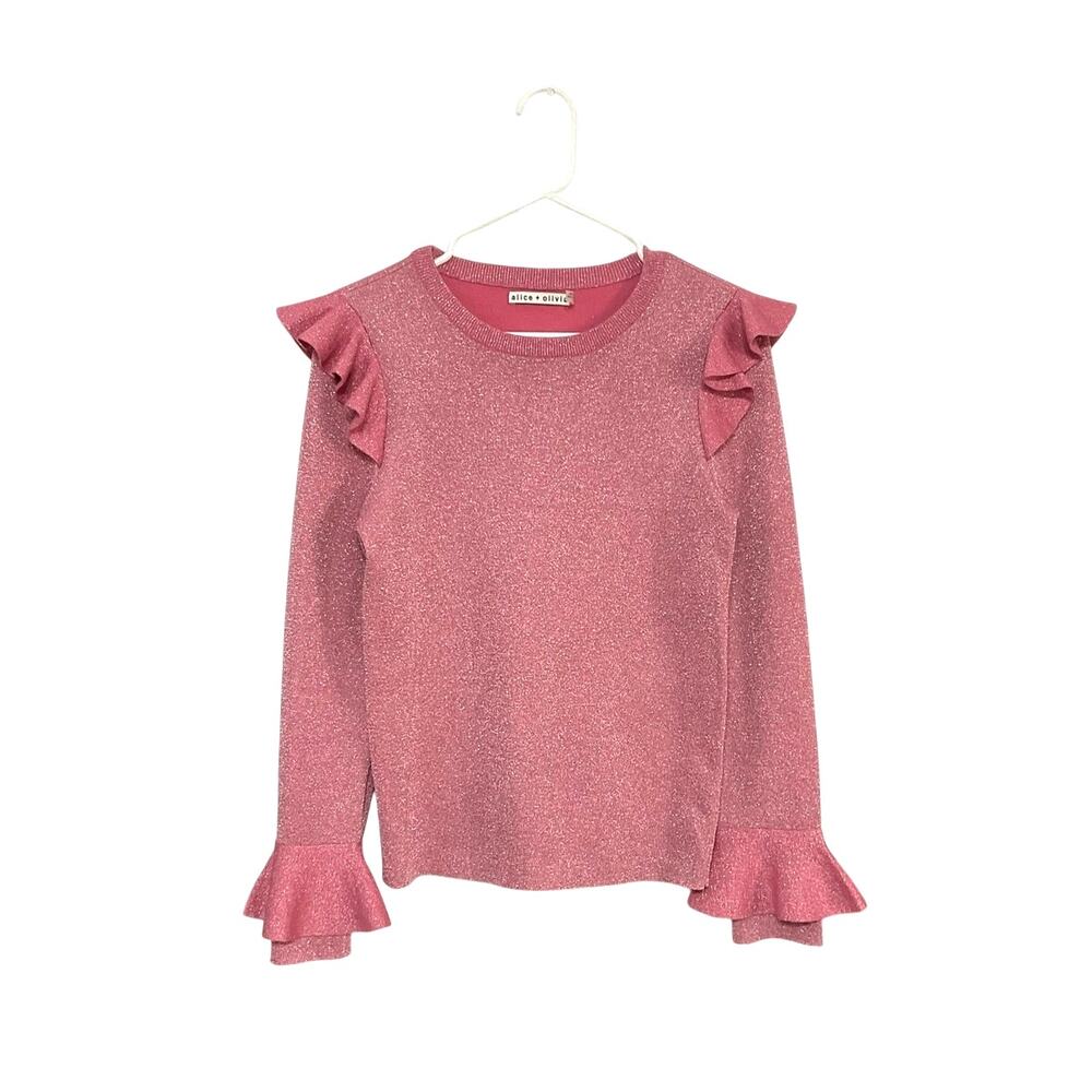 Alice + Olivia Mittie Ruffled Sweater Pink Metallic Wool Blend Size Large $295